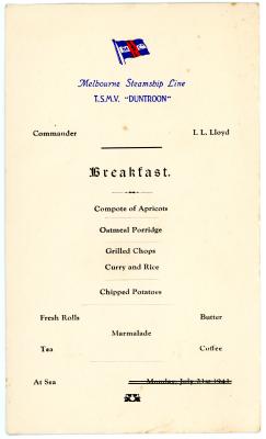 Breakfast Menu Card from Steamship ‘DUNTROON’ – dated 23rd July 1941