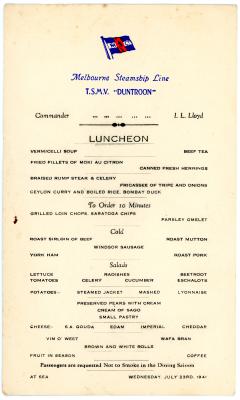Luncheon Menu Card from Steamship ‘DUNTROON’ dated 23rd July 1941
