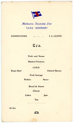 Tea Menu Card from the “Melbourne Steamship Line T.S.M.V. ‘DUNTROON’