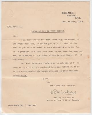 Order of the British Empire letter to Ernest James DAVIES