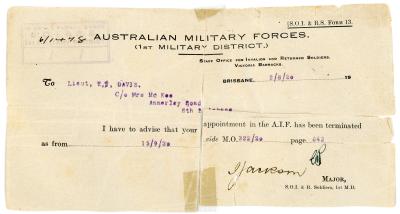 Australian Military Forces Termination Notice for Lieut. Ernest James DAVIES
