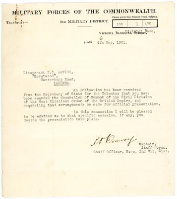 Letter to Lieut. Ernest James DAVIES from the “Military Forces of the Commonwealth” regarding MBE presentation