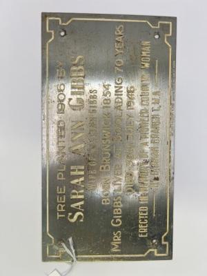 Sarah Ann Gibbs tree removal plaque