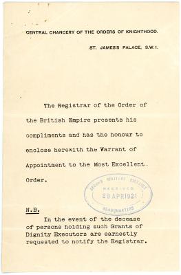 Letter to Ernest James DAVIES accompanying the Warrant of Appointment to the Most Excellent Order