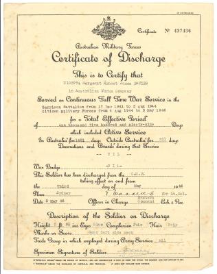 “Australian Military Services – Certificate of Discharge” for N103774 E.J. DAVIES