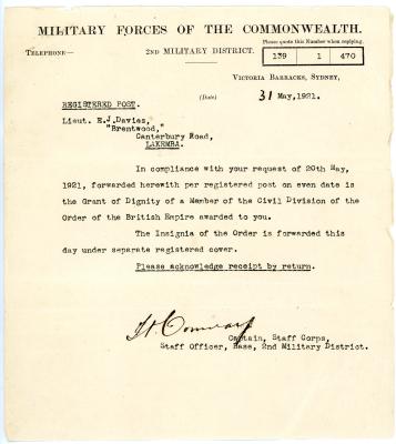 Letter to Ernest James DAVIES from “Military Forces of the Commonwealth” re forwarding MBE