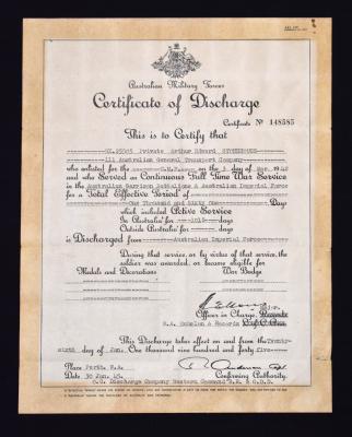 Second World War Certificate of Discharge as issued to Private Arthur Edward STONEHOUSE