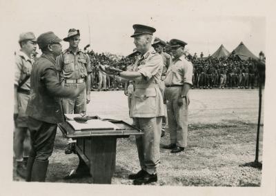 Black and white photograph of the Japanese surrender to Australia 1945