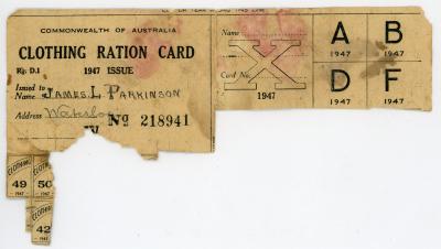 Commonwealth of Australia Clothing Ration Card Issued to James L. PARKINSON