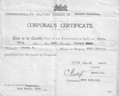 Corporal's Certificate - A Hicks