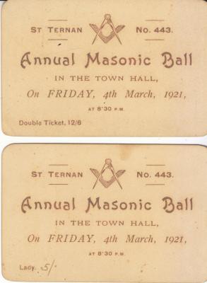Two Tickets St. Ternan Masonic Ball Banchory Scotland 1921