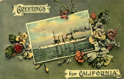 Great White Fleet postcard - U.S.S. Connecticut, California
