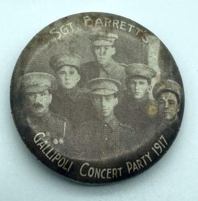 Souvenir button featuring Sgt. Barrett's Gallipoli Concert Party 1917