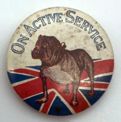 WWI fundraising badge 'On Active Service' featuring British bulldog