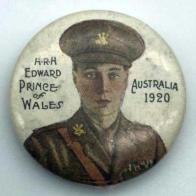 Souvenir button featuring H.R.H. Edward, Prince of Wales, Australia 1920