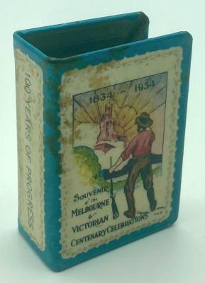 Centenary of Melbourne souvenir metal matchbox 1934