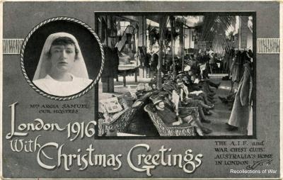 WWI postcard 'London 1916, With Christmas Greetings' - A.I.F. and War Chest Clubs