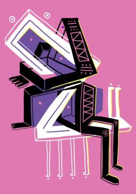 Graphic image. Pink Background with abstract black white and purple figure.