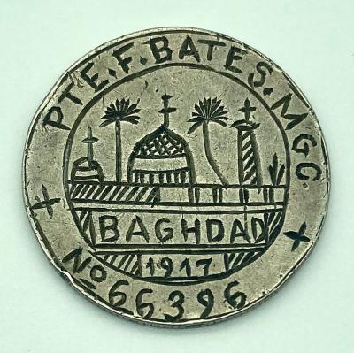 WWI engraved identity disc made from a coin for Private Frank Bates