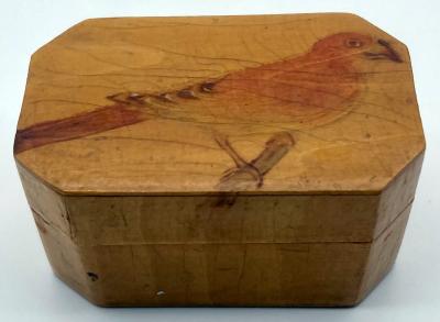 Lacquered timber lidded box with painted bird motif