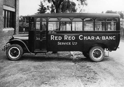 Red Reo Char-A-Banc Service Bus