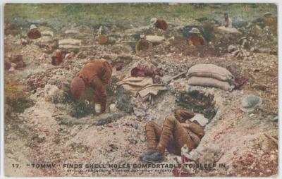 First World War Colour Postcard Series III, No. 17 TOMMY Finds Shell Holes Comfortable to Sleep In
