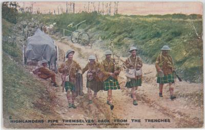 First World War ‘Daily Mail Battle Pictures’ Colour Postcard Series 1 No. 2 Highlanders Pipe Themselves Back From the Trenches