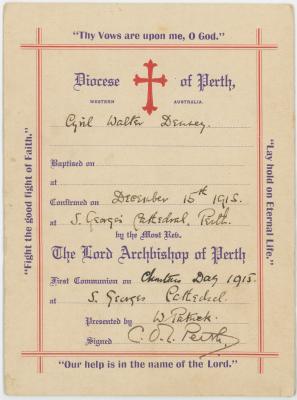 “Diocese of Perth” First Communion Card for Cyril Walter DENNEY  