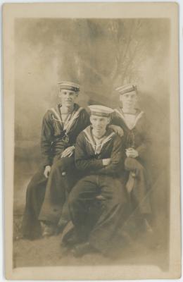 Black & White Photographic Postcard of Three Soldiers in Uniform from HMAS Psyche