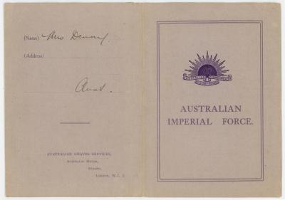 First World War, “Australian Imperial Force”, Photograph Folder of Sapper John DENNEY, 142, and 3 Photographic Postcards of his Gravesite in Gallipoli
