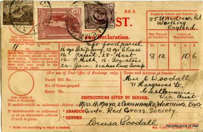 Label from gift food parcel sent from Australia to England - number 1
