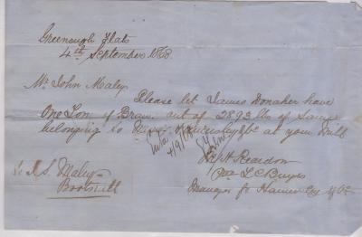 Letter re transfer of bran from Hamersley & Co