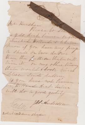 Order for material from J.E.S. Anderson, with sample attached
