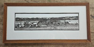 Framed linocut "Greenough Hamlet from the hill VI"