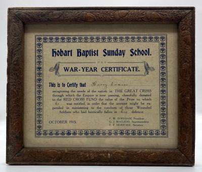 Hobart Baptist Sunday School War-Year Certificate awarded to Harry Cumini
