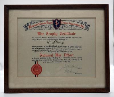 Illawarra Suburbs Lawn Tennis Association Ltd. War Trophy Certificate awarded to W. Strong