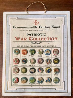 Commonwealth Button Fund display card with 24 fundraising buttons