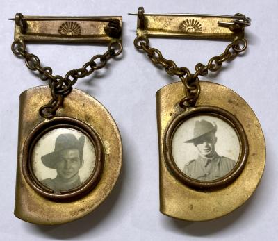 Two metal sweetheart brooches in form of slouch hats containing soldier portraits