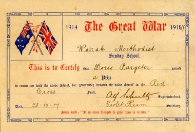 Woorak Methodist Sunday School certificate awarded to Doris Pargeter