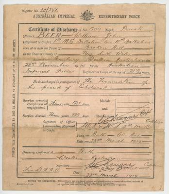 First World War Discharge Paper of Pte. William John BEER 1509
