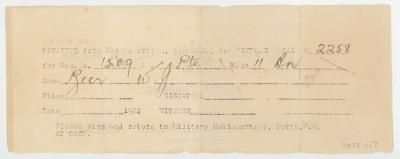 Slip of Paper for Victory Medal Issued to Pte. William John BEER 1509