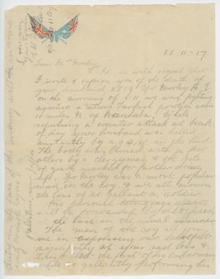 Handwritten Letter to Mrs Ida MORLEY from Lieut. E.W. DIXON Advising of the Death of her Husband, Trooper Harold (Harry) Endrick MORLEY, 2819 