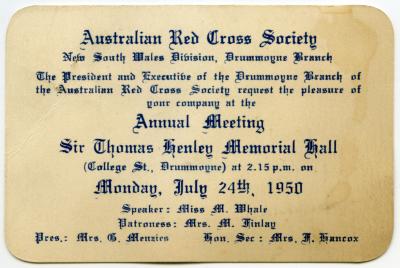 ARCS (NSW Division Drummoyne Branch) Invitation to Annual Meeting 1950