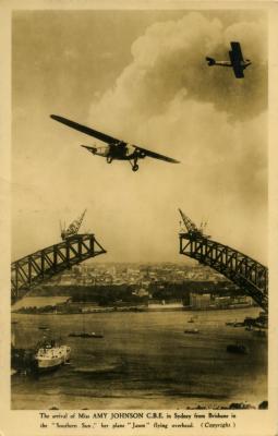 Photomontage postcard of the arrival of Amy Johnson in Sydney 1930