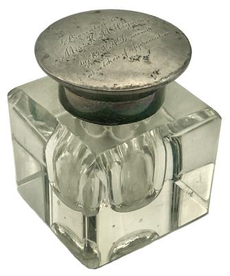 WWI era crystal glass inkwell with silver inscribed lid