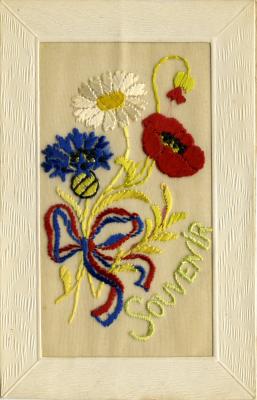 WWI silk postcard with flowers and 'Souvenir'