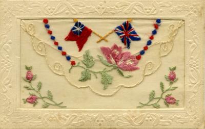 WWI silk postcard with flags and flowers