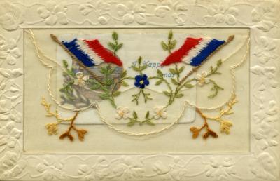 WWI silk postcard with French flags and flowers