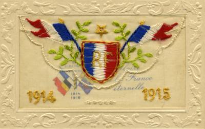 WWI silk postcard with French shield and flags