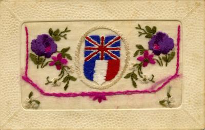 WWI silk postcard with shield and flowers